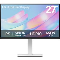 White LG 27-inch 4K Ultra HD LCD monitor with slim bezels, IPS display, HDR10, and DCI-P3 90% color gamut.