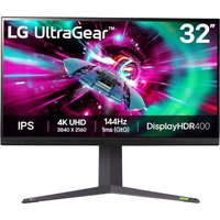 LG 32GR93U-B monitor, 31.5" 4K UHD, black frame, grey stand, purple accents, vibrant display with futuristic graphics.