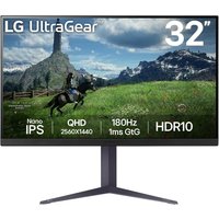 LG 32" black monitor, Quad HD 2560x1440, slim bezel, sturdy stand, displaying a scenic landscape.