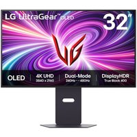 LG 32-inch black OLED monitor, 4K Ultra HD, vibrant display with swirling purple graphics, sturdy rectangular stand.