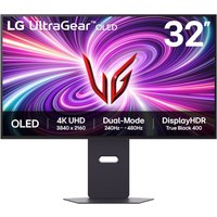 Black LG 32" UltraGear OLED monitor with 4K UHD display, vibrant swirl graphic, and sturdy rectangular stand.