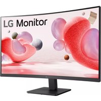 Black LG 32-inch curved computer monitor with slim bezels and a rectangular stand displaying vibrant abstract graphics