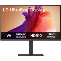 LG 32" 4K UHD monitor with black frame, HDR10, USB-C port, and vibrant display showing abstract purple and red design.
