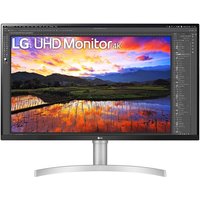 White LG 32-inch 4K Ultra HD LED monitor with slim bezels, displaying a vibrant landscape image.