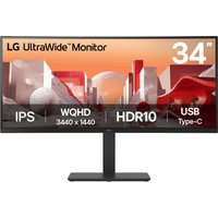 LG 34" UltraWide curved monitor with IPS display, QHD 3440x1440 resolution, HDR10, and USB-C connectivity.