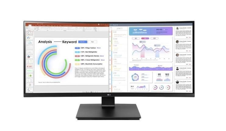 Curved LG 34BA75QE-B monitor with a sleek black stand, displaying vibrant graphics and data in a 3440 x 1440 resolution, ideal for multitasking and professional use.