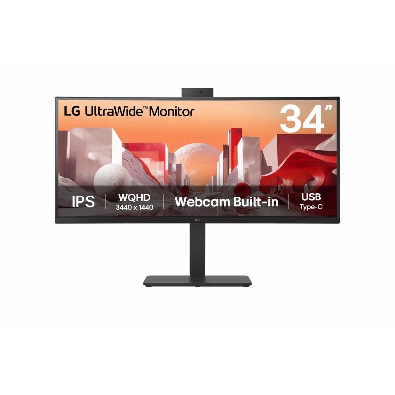 34-inch LG UltraWide monitor with a sleek black stand, featuring a WQHD resolution of 3440 x 1440 pixels, built-in webcam, and USB Type-C connectivity.