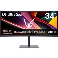 LG 34" black UltraGear monitor, WQHD 3440x1440, 240Hz, HDR 400, sleek stand, vibrant display with gaming graphics.