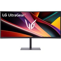 LG UltraGear 34" curved monitor, slim bezels, vibrant display, black stand, 3440x1440 resolution.