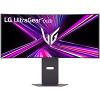 LG 34" black OLED monitor, UltraGear branding, slim bezels, vibrant display with purple and pink graphics.