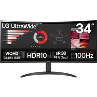 Curved LG UltraWide 34" monitor, 3440x1440 resolution, HDR10, 100Hz, black stand, sRGB 99% color accuracy.