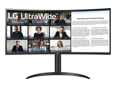Curved LG UltraWide monitor with a 34-inch screen, featuring a sleek black stand, displaying a grid of video calls and a document on a vibrant 3440 x 1440 pixel resolution.