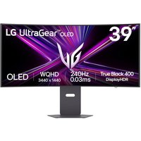 LG 39" UltraGear OLED monitor, black, 3440x1440 WQHD, curved screen, sleek stand, vibrant display with gaming graphics
