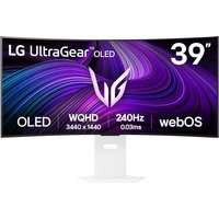 White LG UltraGear 39" OLED monitor, curved screen, 3440x1440 WQHD, with sleek stand and vibrant display.
