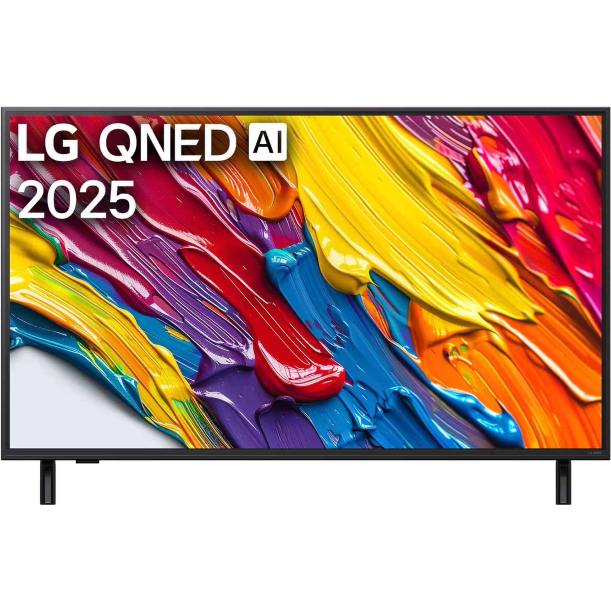 LG 43QNED84A6C.AEK 43" 4K Ultra HD Smart TV features a vibrant, colorful display with a sleek black frame and stands, showcasing advanced AI technology.