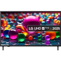 LG 43" 4K Ultra HD Smart TV with thin black bezel, vibrant display showing colorful spheres, LG UHD AI ThinQ logo.
