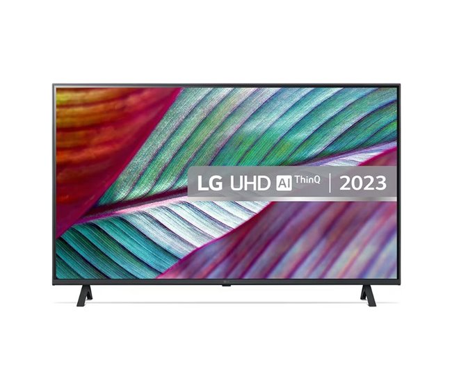 LG 43-inch LED HDR 4K Ultra HD Smart TV featuring a vibrant display with colorful leaf patterns, sleek black frame, and modern stand, labeled with "LG UHD AI ThinQ 2023."