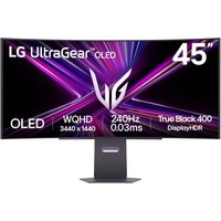 LG 45GX900A-B monitor, 44.5" curved OLED, 3440x1440 WQHD, black, with UltraGear logo and vibrant purple graphics.