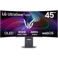 LG 45" curved OLED monitor, black, with 3440x1440 resolution, UltraGear branding, and sleek stand.