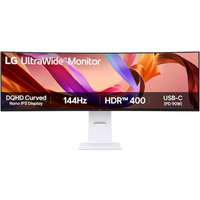 LG 49-inch curved UltraWide monitor with white stand, dual QHD, 144Hz, USB-C, vibrant display with HDR graphics.
