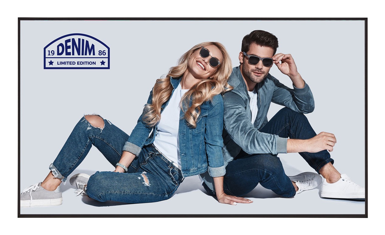 LG 49UH5N-M digital signage display features a sleek black frame, showcasing vibrant visuals with a 49-inch flat panel design ideal for advertising and presentations.
