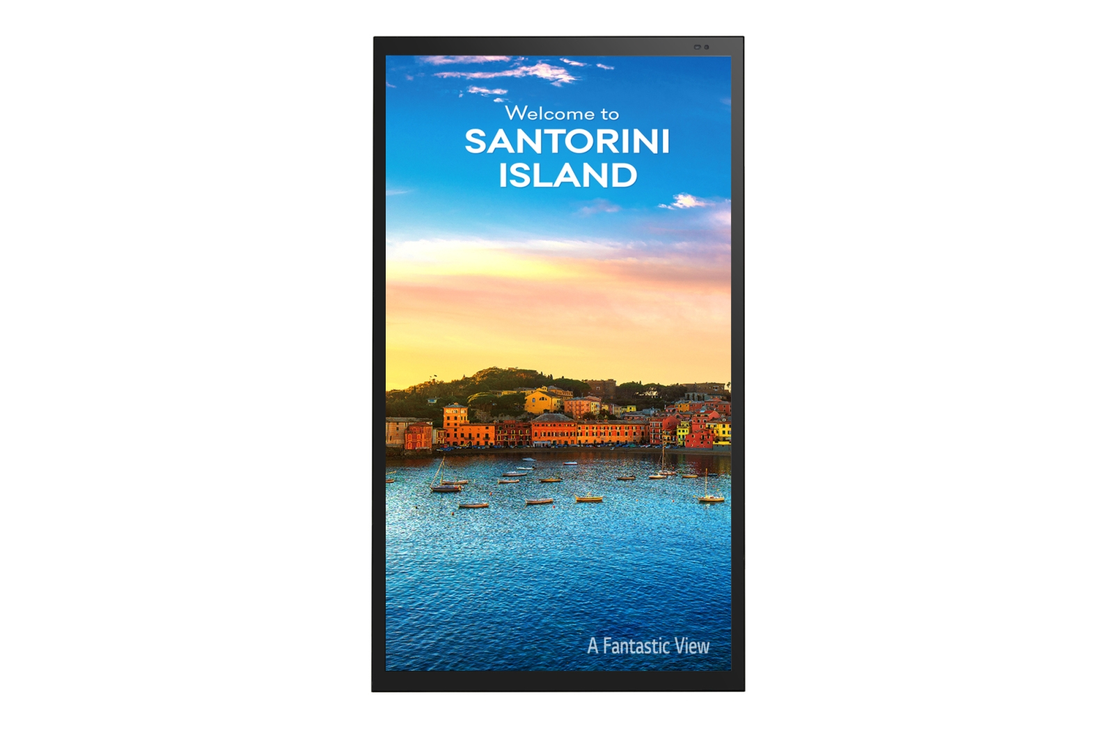 LG 49XE4F digital signage display features a sleek black frame, showcasing vibrant colors with a scenic view of Santorini Island and clear text welcoming visitors.