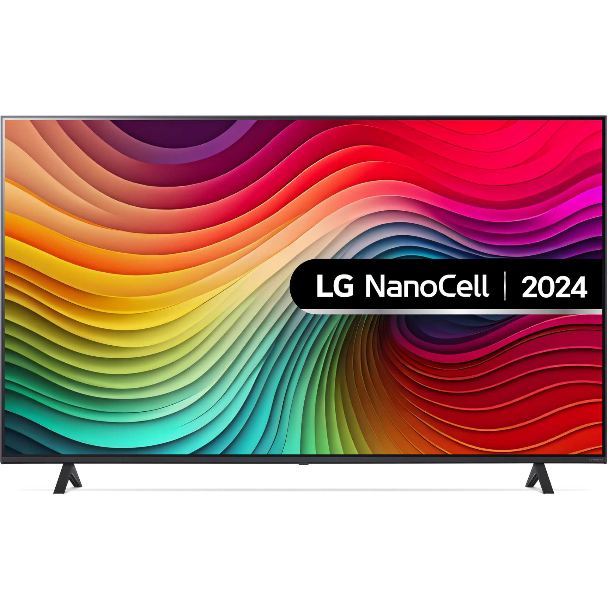 LG 50NANO81T6A 50-inch LED NanoCell 4K UHD HDR Smart TV featuring a vibrant, colorful wave design on the screen with a sleek black frame and stand.