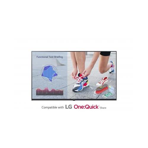 LG 50UL3J-E digital signage display features a sleek black frame, showcasing vibrant 4K Ultra HD visuals with a focus on a person tying shoelaces, emphasizing interactivity and clarity.