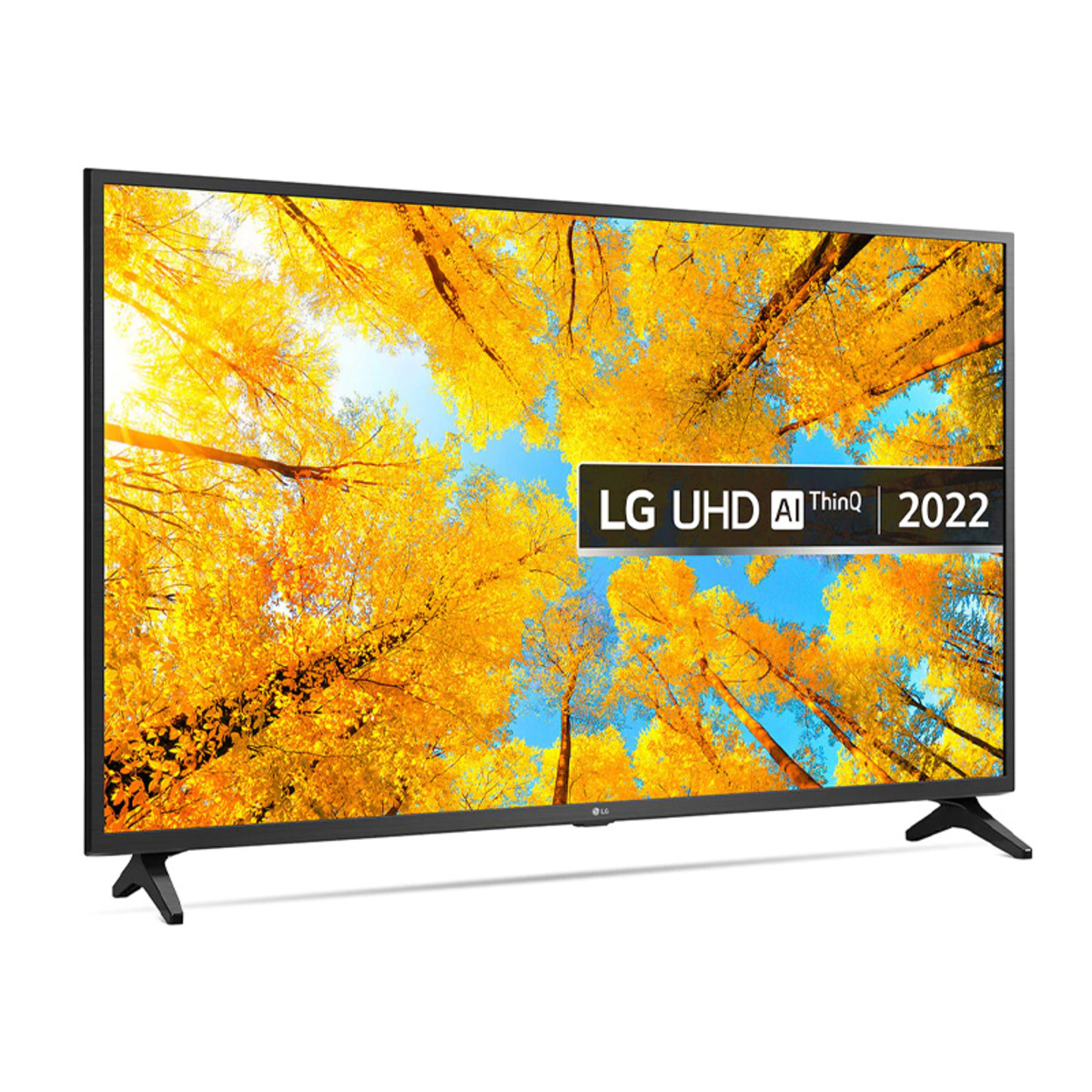 50-inch LG 4K Smart UHD TV featuring vibrant autumn foliage on screen, sleek black frame, and sturdy stand, showcasing AI ThinQ technology for enhanced viewing.