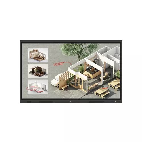 LG 55" TR3DQ Interactive Display features a sleek black frame, showcasing vibrant graphics of architectural designs and layouts on a high-resolution touchscreen.