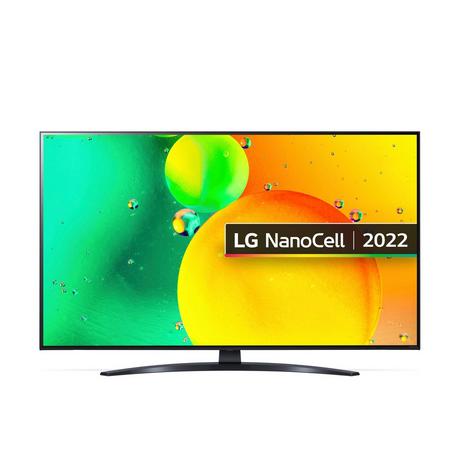 55-inch LG NanoCell TV featuring a vibrant display with colorful abstract graphics, sleek black frame, and a curved stand, labeled with "LG NanoCell | 2022."