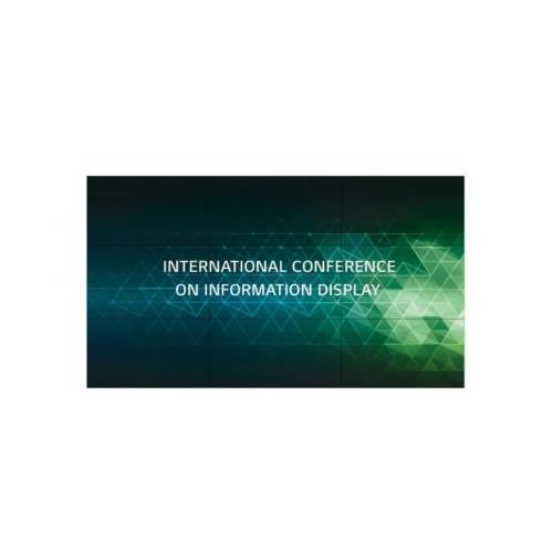 LG 55VH7J-H Signage Display features a sleek black frame with a vibrant green and blue geometric design, showcasing text for an international conference on information display.