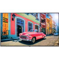 Black LG 65" 4K Ultra HD Smart TV displaying vibrant street scene with colorful buildings and classic car.