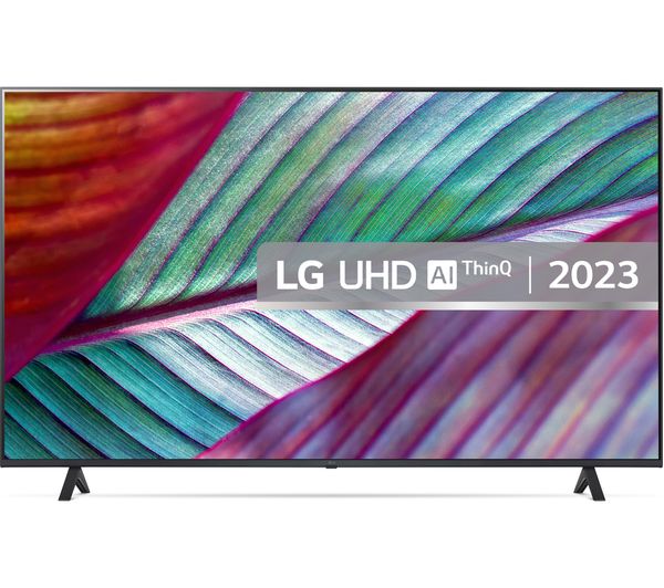 65-inch LG 4K Smart UHD TV featuring vibrant colors with a close-up of a leaf design, showcasing the LG UHD AI ThinQ branding for 2023.