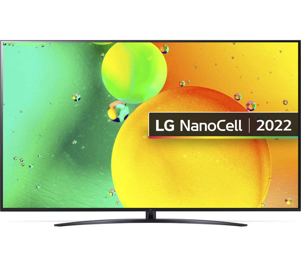 LG 75NANO766QA 75" 4K Smart NanoCell TV featuring a sleek black frame, vibrant display with colorful bubbles, and a modern stand, labeled with "LG NanoCell | 2022."