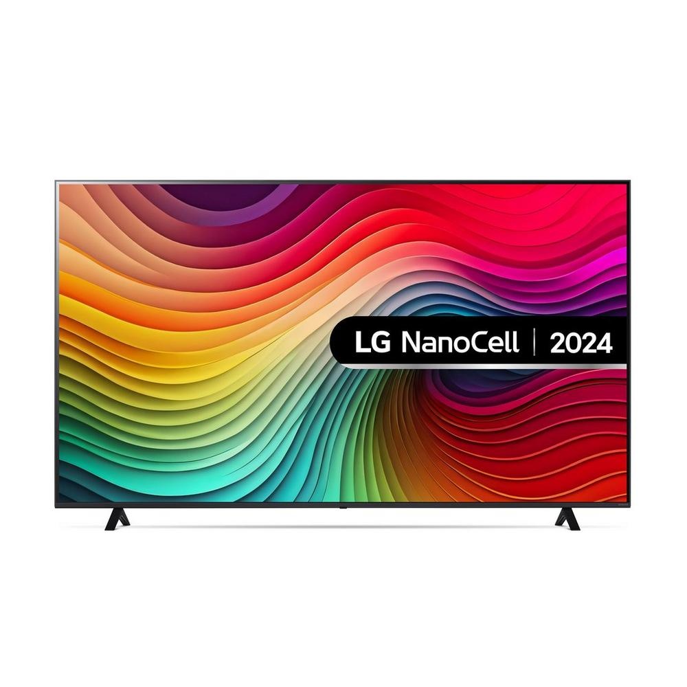 LG 75NANO81T6A 75-inch 4K NanoCell Smart TV features a vibrant, wavy multicolor screen design with a sleek black bezel and two sturdy stand legs.