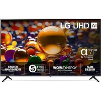 LG 86-inch 4K Ultra HD Smart TV with thin bezels, vibrant display, and AI Processor, featuring colorful screen graphics.