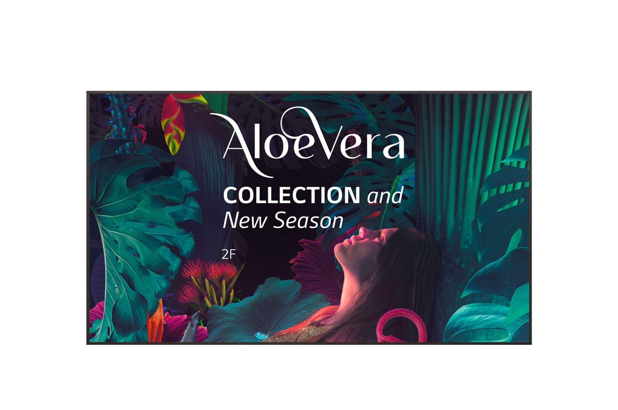 LG 86UH5N-M digital signage display features a vibrant, colorful graphic with tropical leaves and a serene figure, showcasing the "Aloe Vera Collection and New Season" text.
