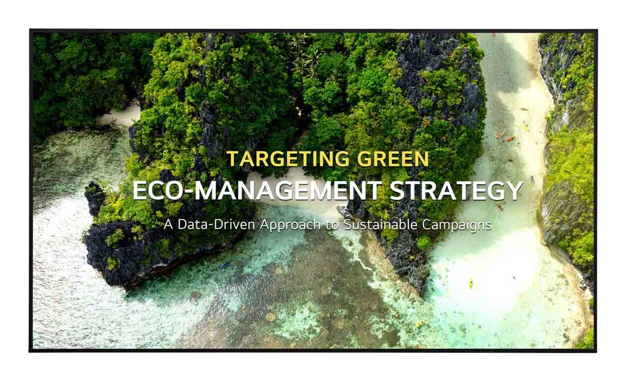 LG 86UL3Q-E digital signage display features a vibrant flat panel with a 2.18 m screen, showcasing an eco-management strategy message against a scenic beach backdrop.