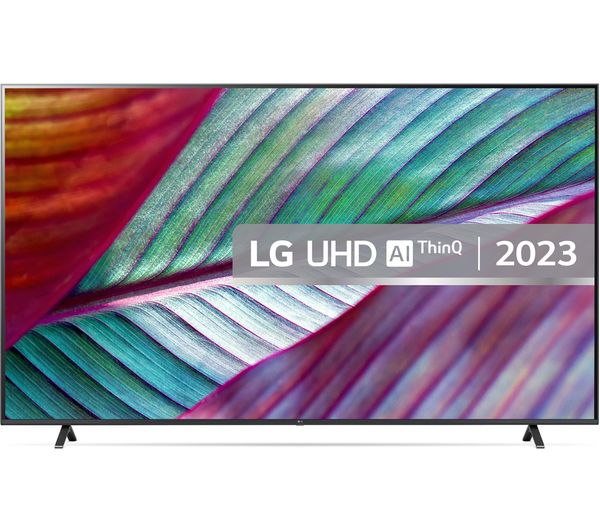 LG 86UR78006LB 86-inch 4K Smart UHD TV with a sleek black frame, featuring vibrant leaf-patterned display and ThinQ AI branding for smart capabilities.