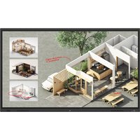 LG CreateBoard Standard 86" interactive whiteboard, sleek black frame, displaying architectural design with annotations.