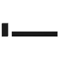 Black LG GX.DGBRLLK soundbar speaker with a sleek design, featuring 3.1 channels and a total power output of 420 W, accompanied by a compact subwoofer.