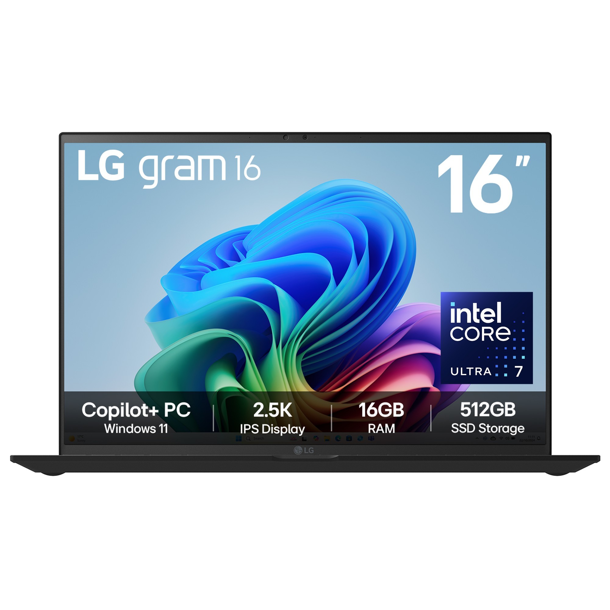 LG Gram 16Z90TL-G laptop in black with a 16-inch 2.5K IPS display, powered by Intel Core Ultra 7, featuring 16GB RAM and 512GB SSD, running Windows 11.