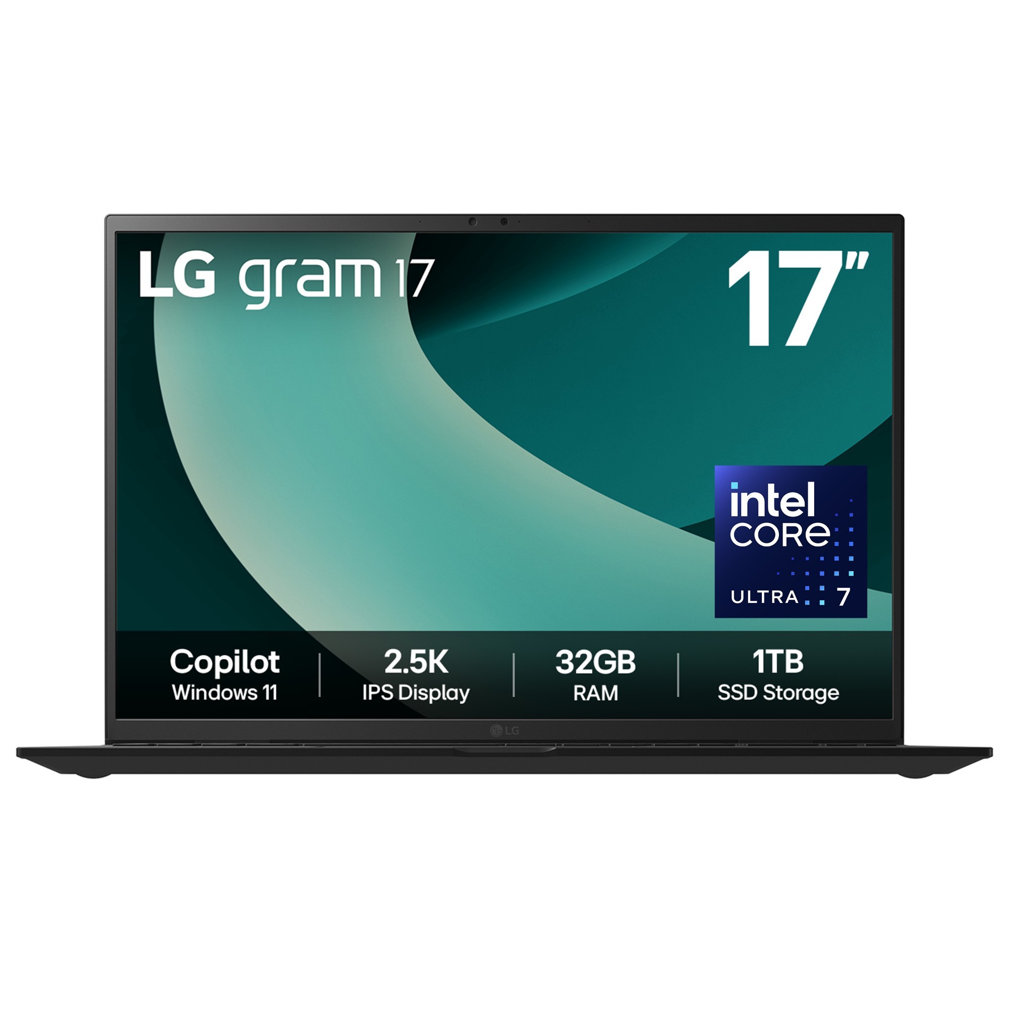 LG Gram 17Z90T-G laptop in black features a 17-inch 2.5K IPS display, Intel Core Ultra 7 processor, 32GB RAM, and 1TB SSD, showcasing a sleek design and modern interface.