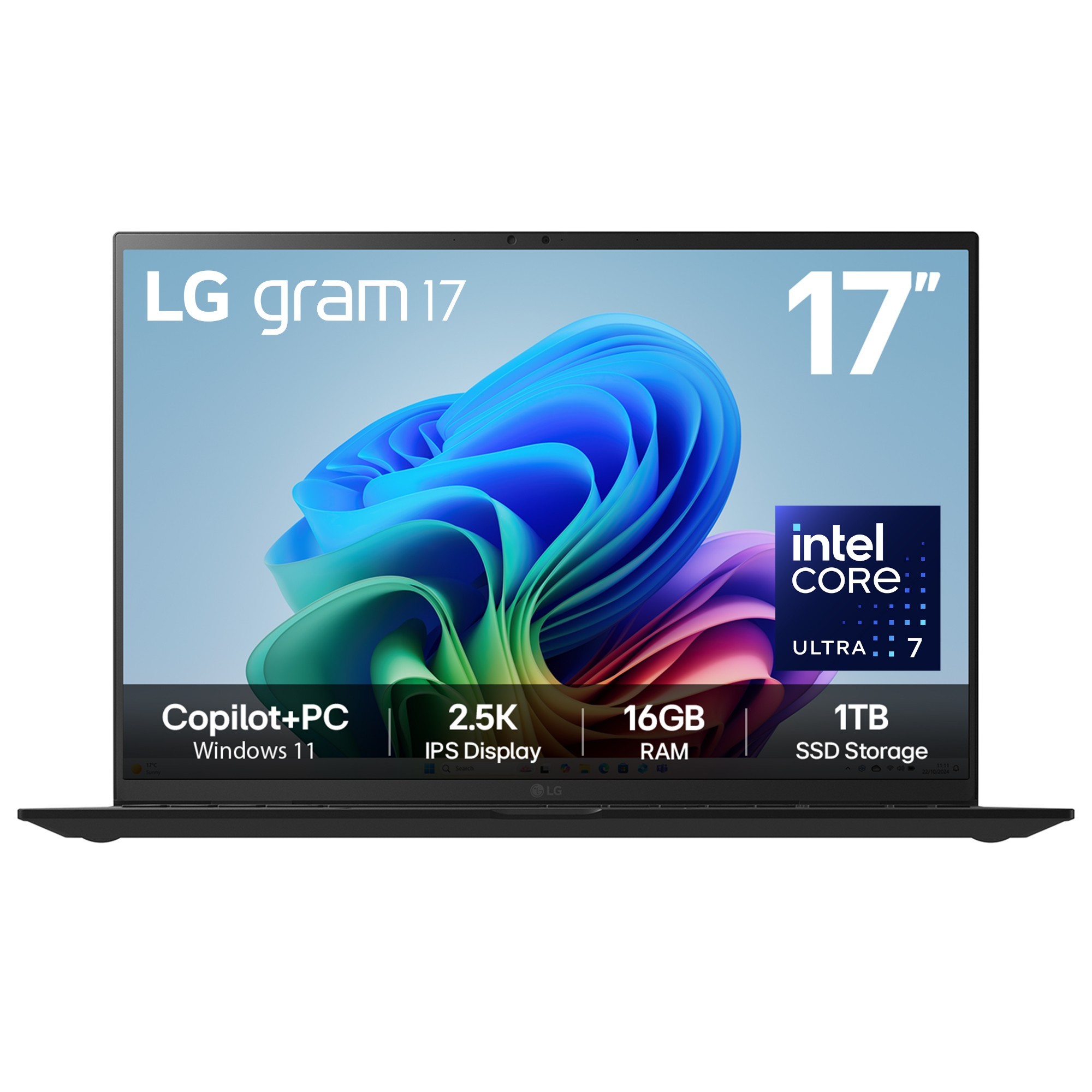 LG Gram 17Z90TL-G laptop in black features a 17" 2.5K IPS display, Intel Core Ultra 7 processor, 16GB RAM, and 1TB SSD, showcasing a sleek, modern design.