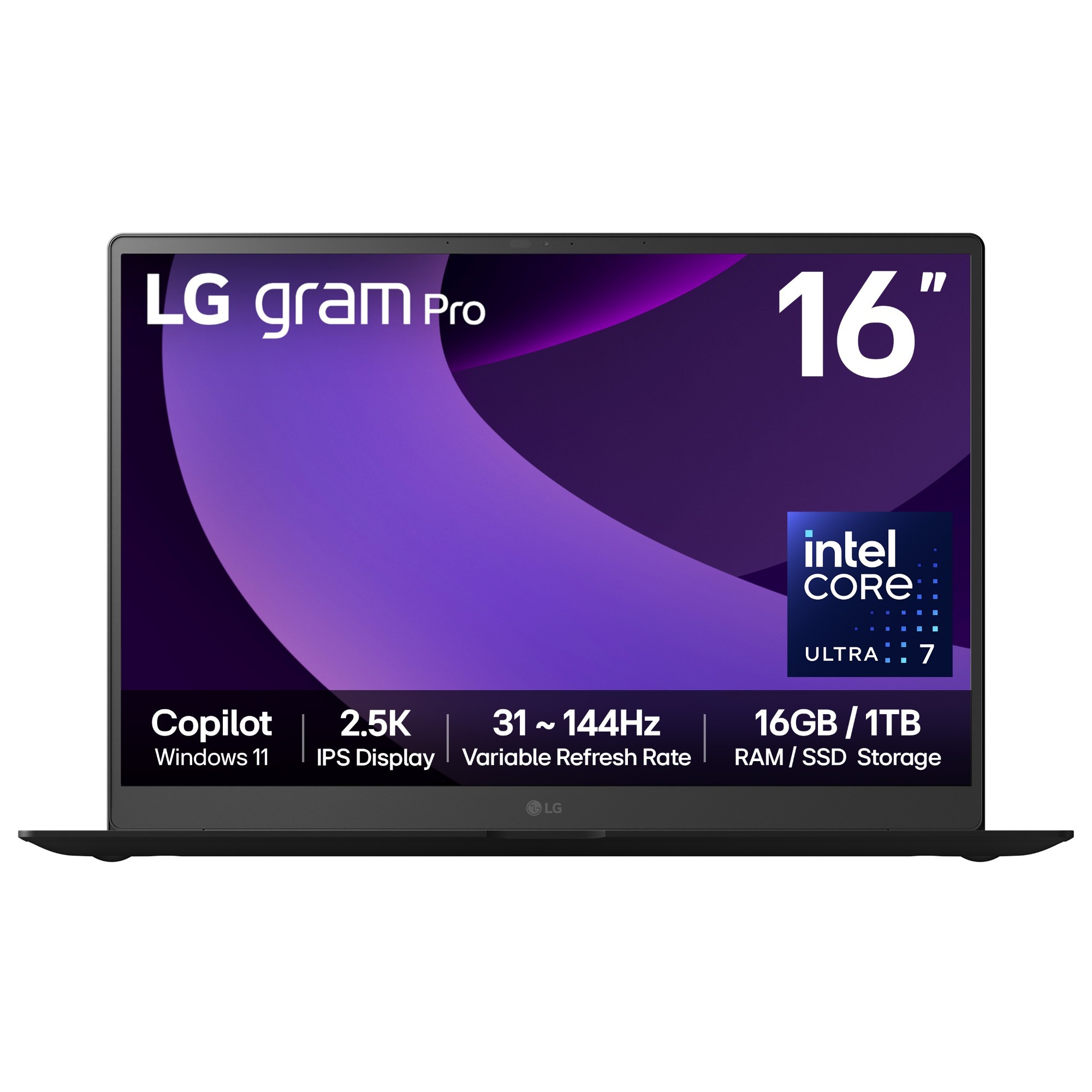 LG Gram Pro 16Z90TP-G laptop in black featuring a 16" 2.5K IPS display, Intel Core Ultra 7 processor, 16GB RAM, and 1TB SSD, with a sleek design and modern branding.