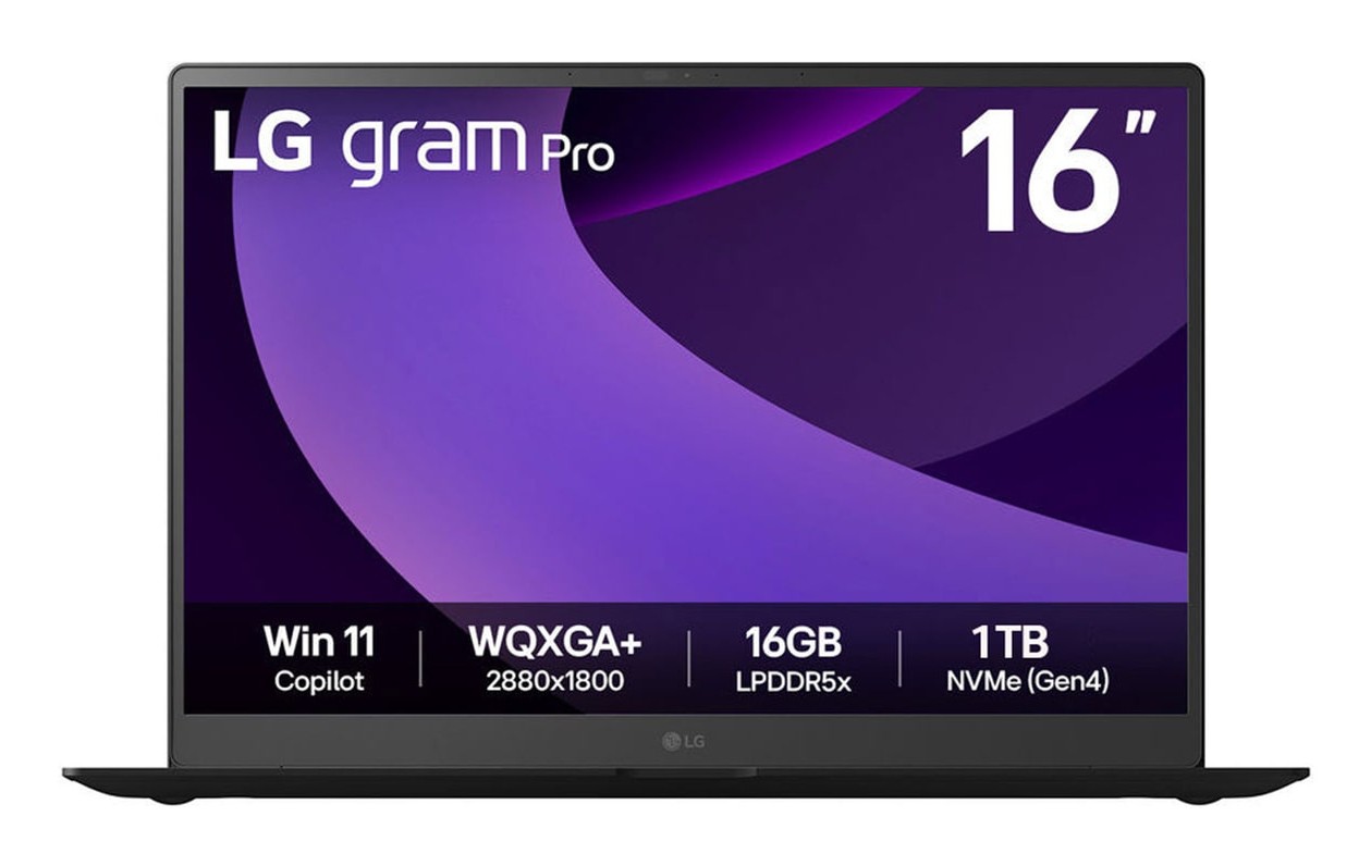 LG Gram Pro 16Z90TP-K.AA78A1 laptop featuring a sleek black design, 16-inch WQXGA+ display, Intel Core Ultra 7 processor, 16 GB RAM, and 1 TB SSD, running Windows 11 Home.