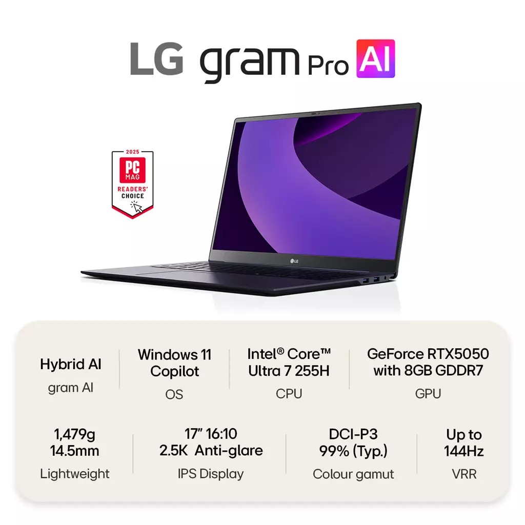 LG Gram Pro 17Z90TR-E 17" Hybrid AI Laptop - Intel Core Ultra 7 255H NVIDIA GeForce RTX5050 GPU 1TB SSD 32 GB RAM - Black - [2025] - image 4