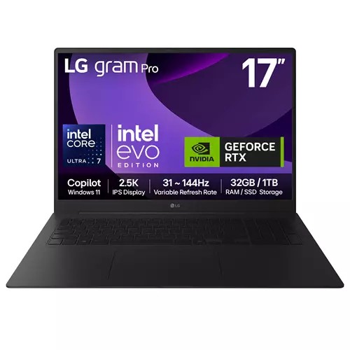 LG Gram Pro 17" laptop in black featuring a 2.5K IPS display, Intel Core Ultra 7 processor, NVIDIA GeForce RTX5050 GPU, 32 GB RAM, and 1TB SSD storage.