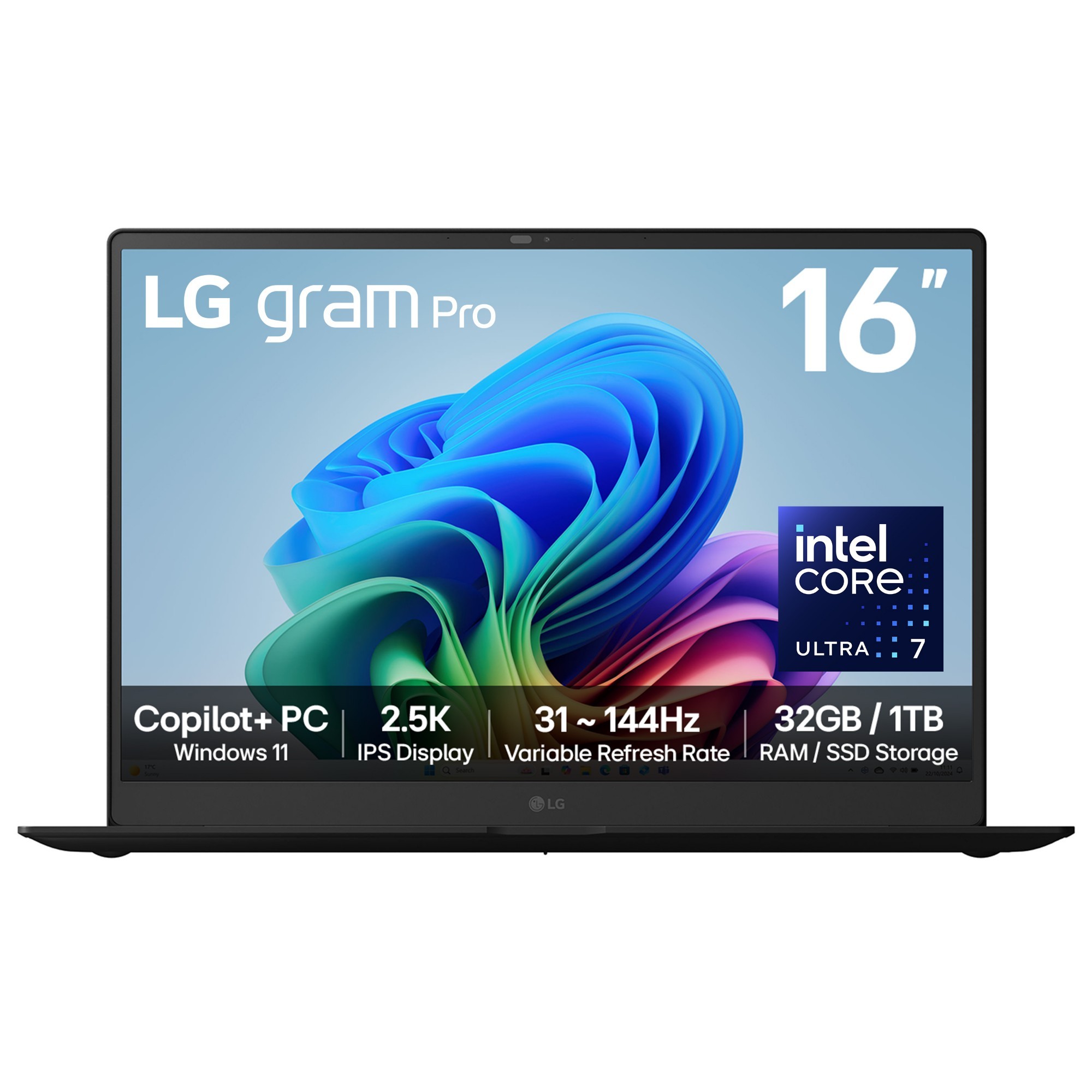 LG Gram Pro 16Z90TS-G.AU89A1 laptop features a sleek black design, 16" 2.5K IPS display, Intel Core Ultra 7 processor, 32 GB RAM, 1 TB SSD, and runs Windows 11 Home.